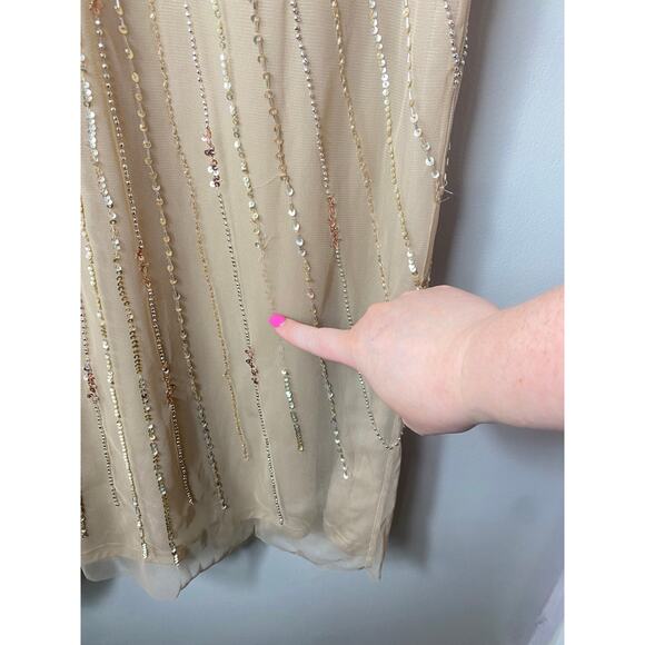 ADRIANNA PAPELL DRESS 12 GOWN GOLD SEQUIN BEADED LONG MAXI FLUTTER SLEEVE FORMAL - Picture 15 of 16